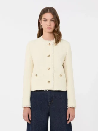 Jacke aus Wollmischung mit Rundhalsausschnitt, ecru