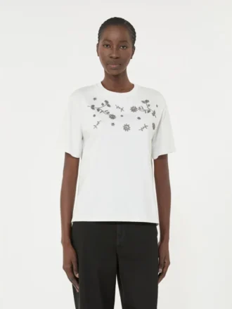 Jersey-T-Shirt mit Aufdruck und Stickerei, weiß