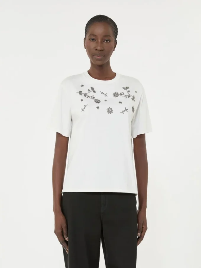 Jersey-T-Shirt mit Aufdruck und Stickerei, weiß
