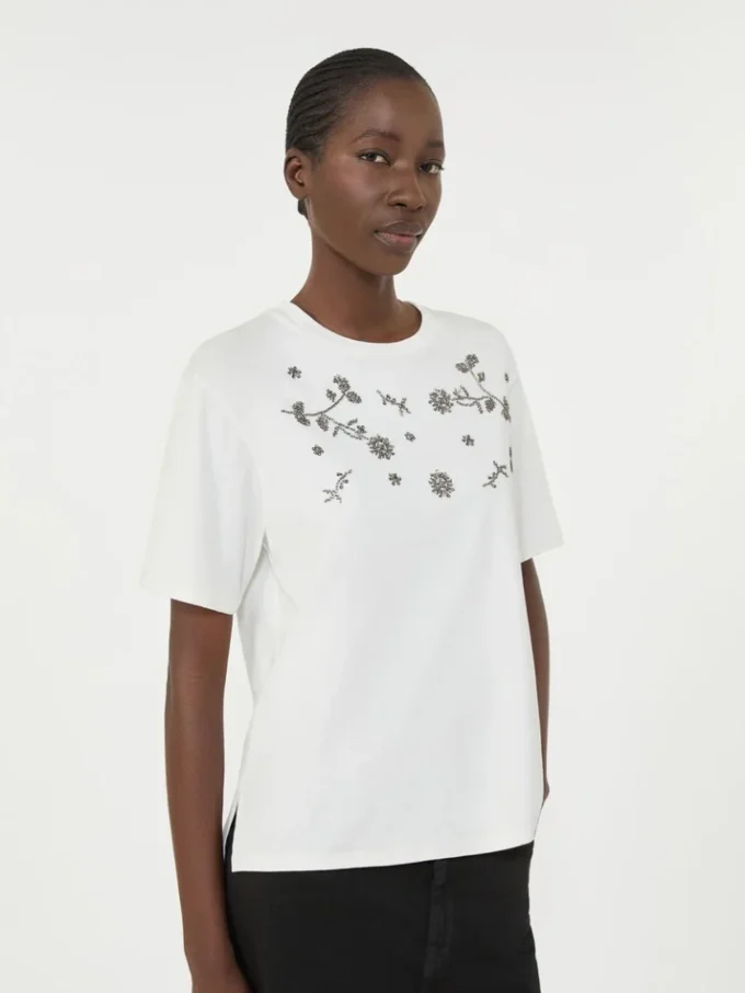 Jersey-T-Shirt mit Aufdruck und Stickerei, weiß