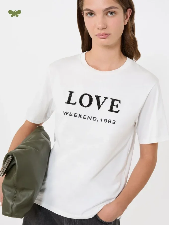 Jersey-T-Shirt mit Aufdruck und Stickerei, weiß