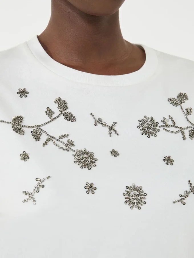 Jersey-T-Shirt mit Aufdruck und Stickerei, weiß