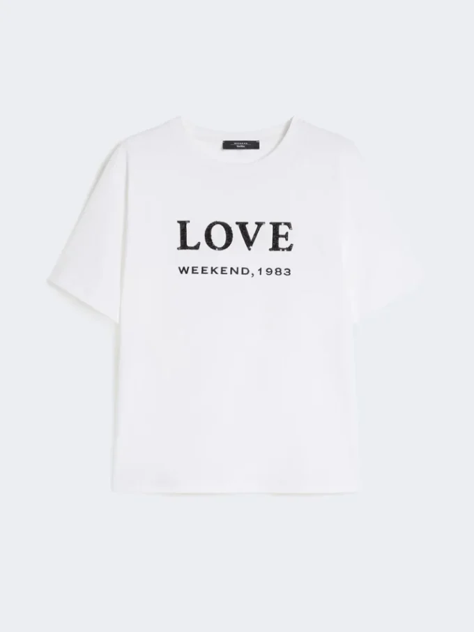 Jersey-T-Shirt mit Aufdruck und Stickerei, weiß