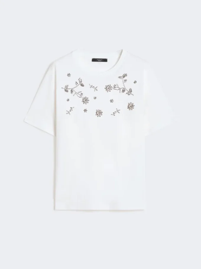 Jersey-T-Shirt mit Aufdruck und Stickerei, weiß