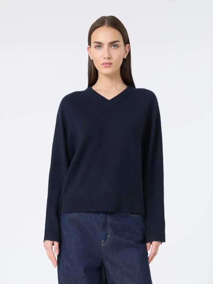 Kaschmirpullover mit V-Ausschnitt, marineblau