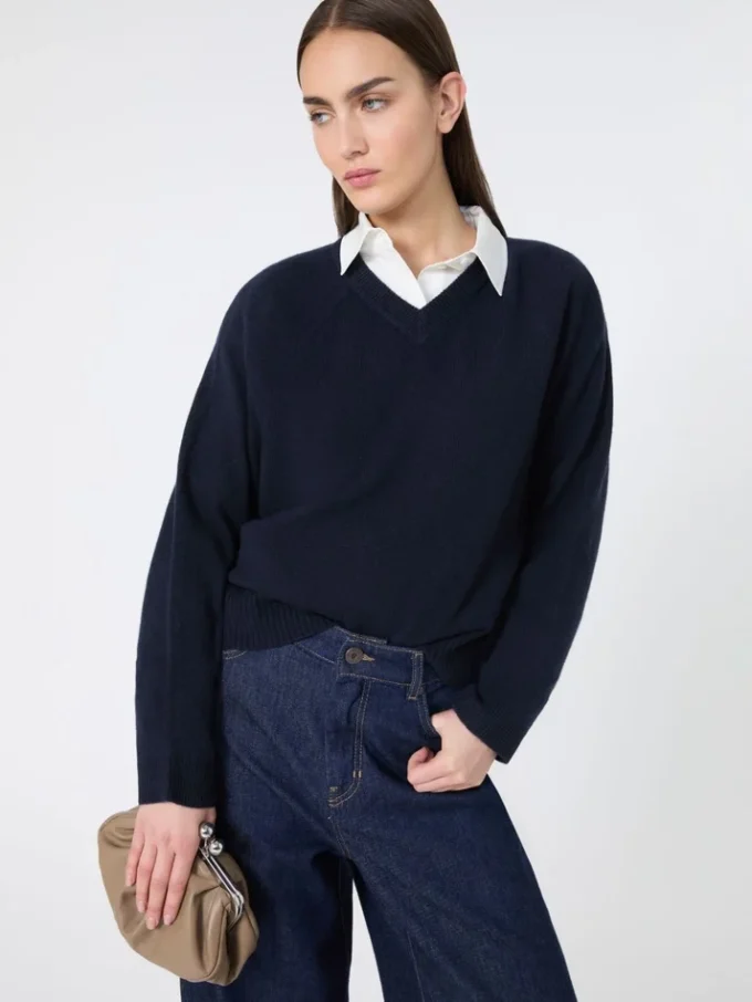 Kaschmirpullover mit V-Ausschnitt, marineblau
