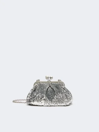 Kleine Satin-Pasticcino-Tasche mit Pailletten, silber
