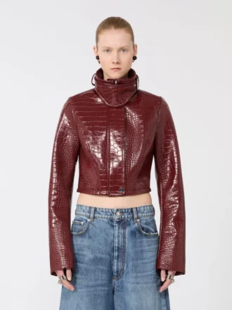Kurze Lacklederjacke mit Alligator-Print, dunkelrot