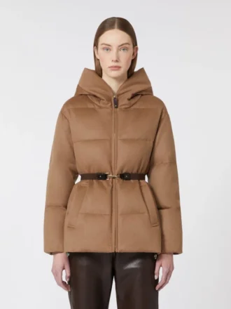 Kurze wasserabweisende Daunenjacke aus Canvas und Kamelhaar, Farbe: Camel