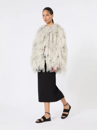 Kurzer Mantel mit Blütenblättern aus bedrucktem Organza, perlgrau