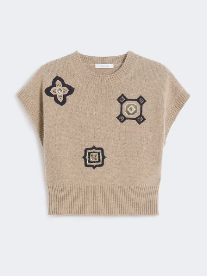 Kurzer Pullover aus Wolle und Kaschmir, sandfarben