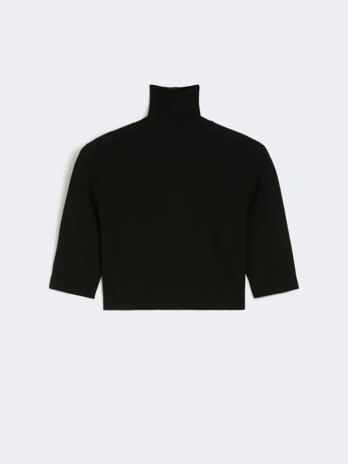 Kurzer Rollkragenpullover aus Stretch-Viskose, schwarz