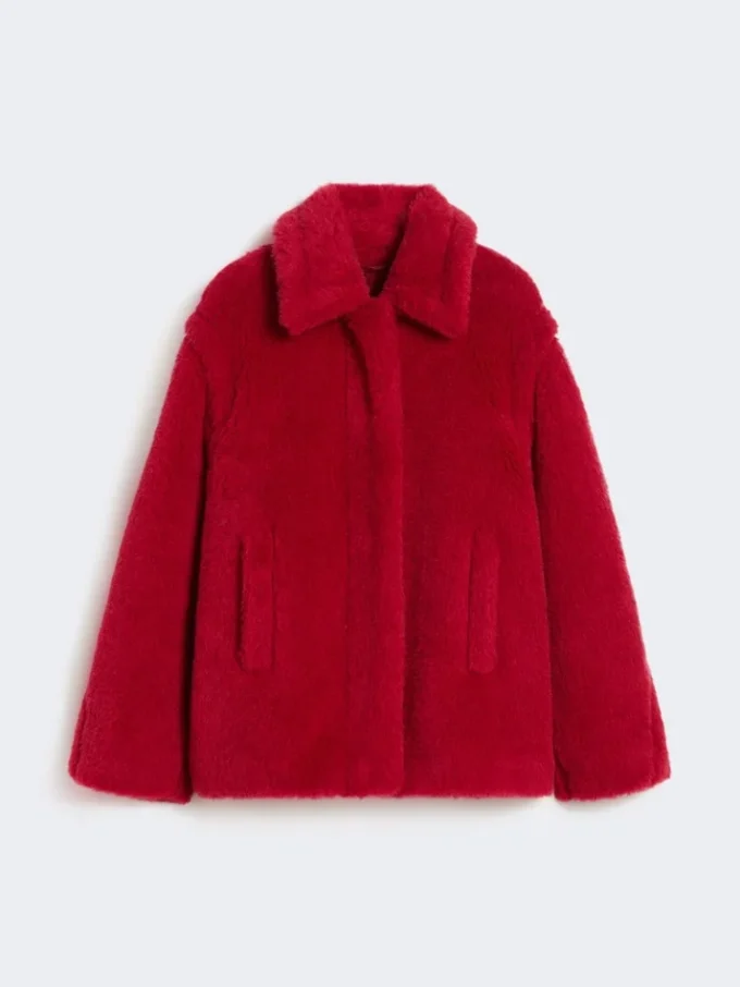 Kurzer Teddy-Mantel aus Alpaka und Wolle, rot