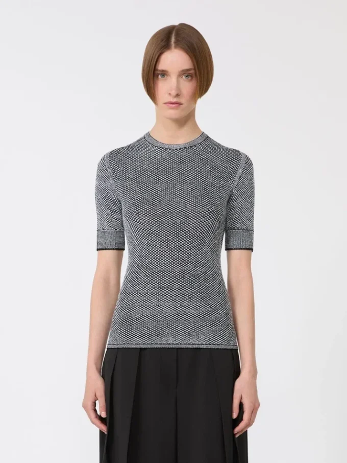 Kurzärmeliger Pullover aus Viskose-Mesh, weiß-schwarz Kurzärmeliger Pullover aus Viskose-Mesh, weiß-schwarz