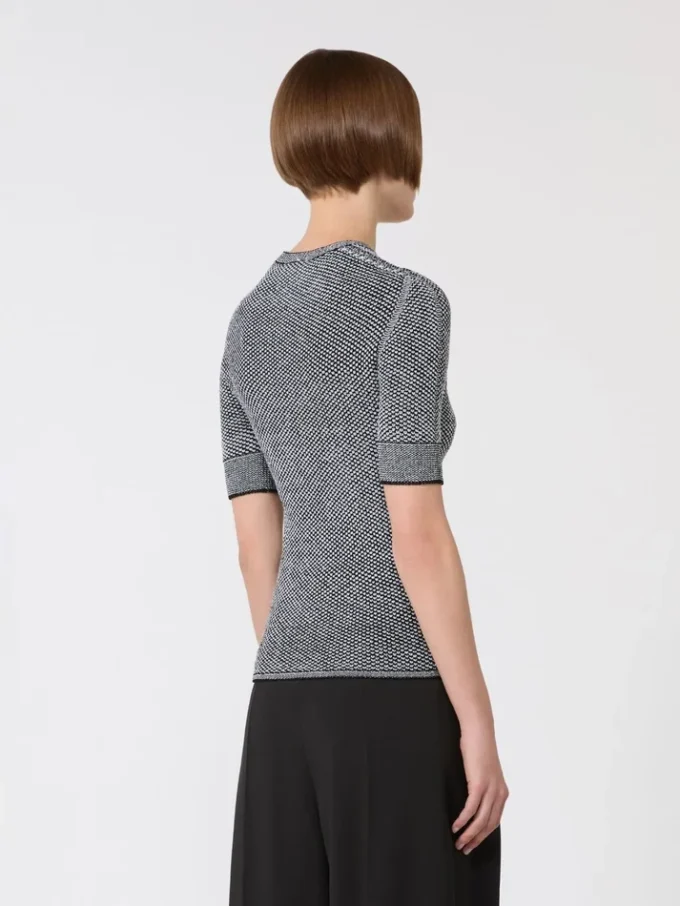 Kurzärmeliger Pullover aus Viskose-Mesh, weiß-schwarz Kurzärmeliger Pullover aus Viskose-Mesh, weiß-schwarz