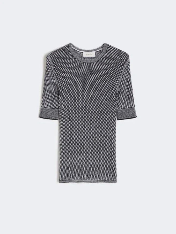 Kurzärmeliger Pullover aus Viskose-Mesh, weiß-schwarz Kurzärmeliger Pullover aus Viskose-Mesh, weiß-schwarz