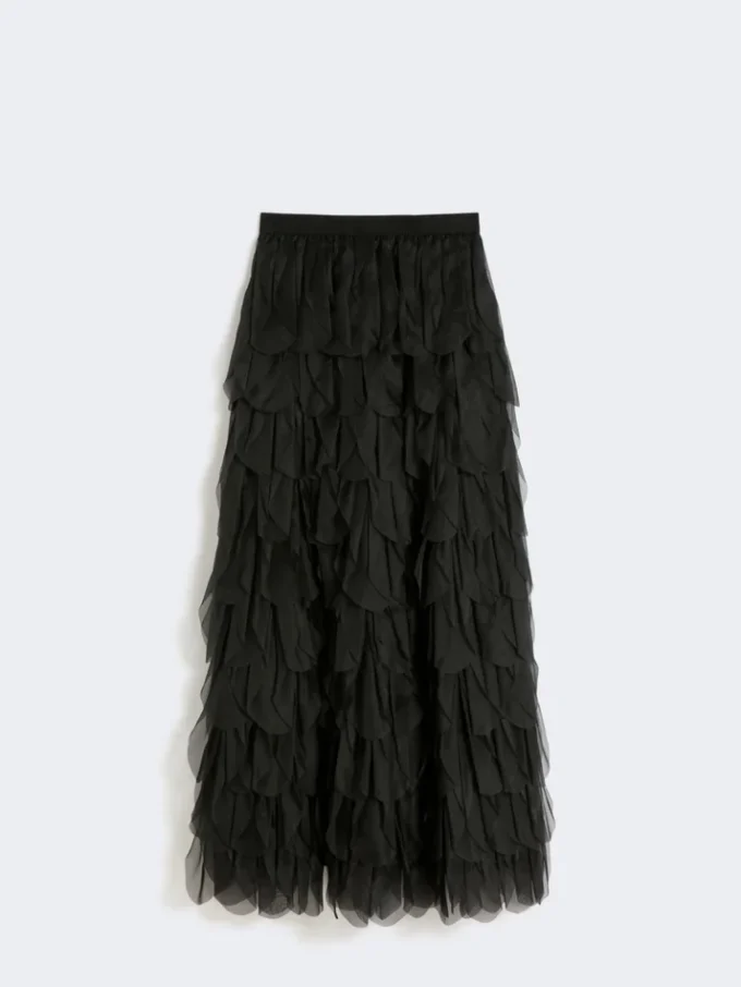 Langer Rock mit Blütenblättern aus Seidenorganza, schwarz