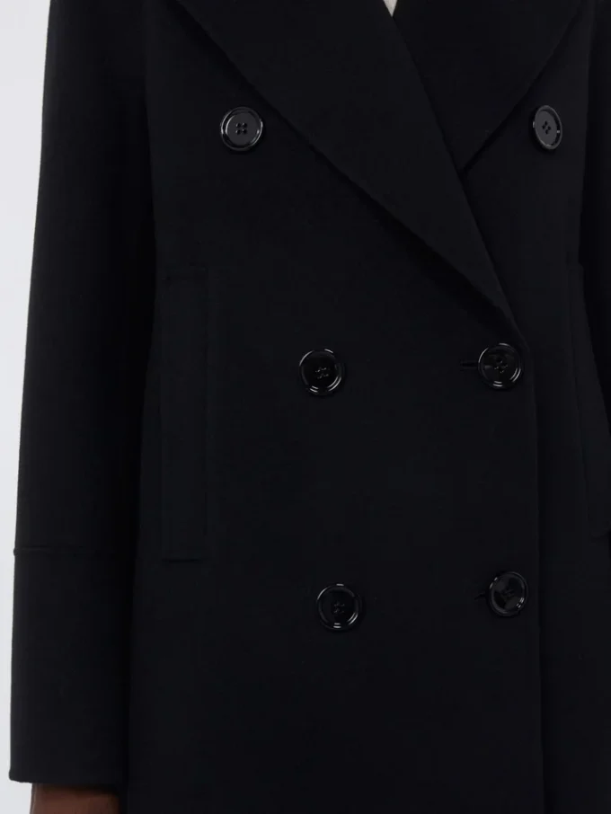 Langer Wollmantel mit Halbgürtel-Detail, schwarz Langer Wollmantel mit Halbgürtel-Detail, schwarz