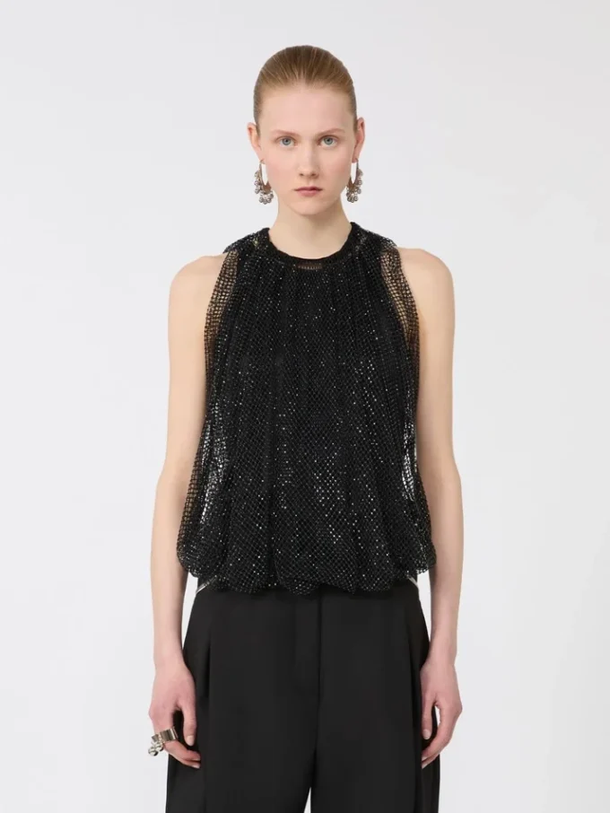 Mesh-Oberteil mit Kristallen, schwarz Mesh-Oberteil mit Kristallen, schwarz