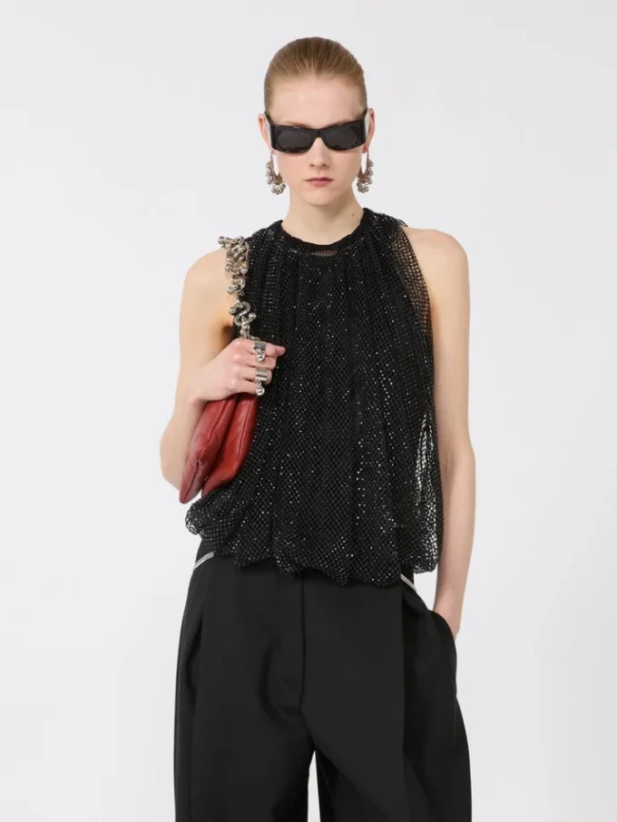 Mesh-Oberteil mit Kristallen, schwarz Mesh-Oberteil mit Kristallen, schwarz