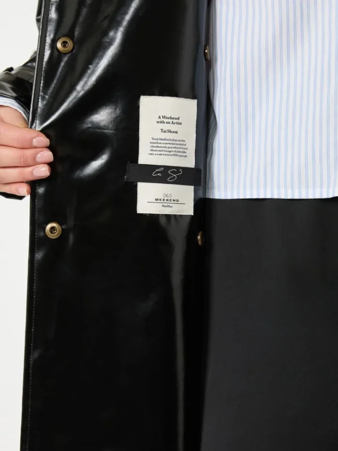 Midi-Trenchcoat aus Gabardine mit Vinyl-Effekt, schwarz Midi-Trenchcoat aus Gabardine mit Vinyl-Effekt, schwarz