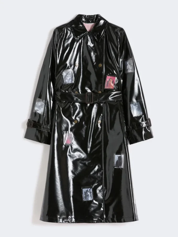 Midi-Trenchcoat aus Gabardine mit Vinyl-Effekt, schwarz Midi-Trenchcoat aus Gabardine mit Vinyl-Effekt, schwarz