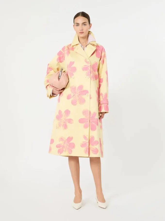 Midi-Trenchcoat aus gemustertem, wasserabweisendem Gabardine, gelb Midi-Trenchcoat aus gemustertem, wasserabweisendem Gabardine, gelb