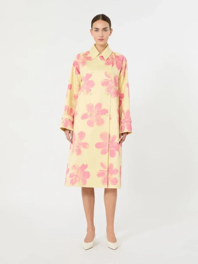 Midi-Trenchcoat aus gemustertem, wasserabweisendem Gabardine, gelb Midi-Trenchcoat aus gemustertem, wasserabweisendem Gabardine, gelb