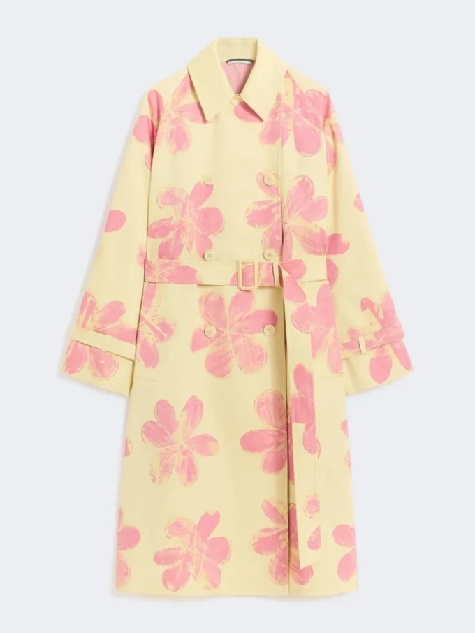 Midi-Trenchcoat aus gemustertem, wasserabweisendem Gabardine, gelb Midi-Trenchcoat aus gemustertem, wasserabweisendem Gabardine, gelb