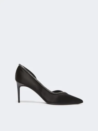 Mit Kristallen verzierte Pumps aus Satin, schwarz