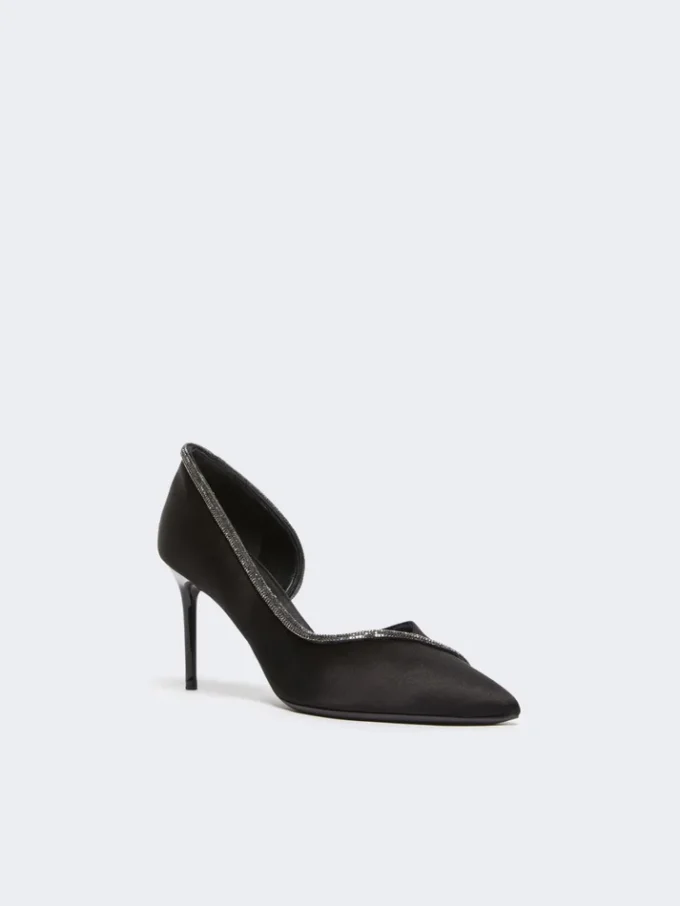 Mit Kristallen verzierte Pumps aus Satin, schwarz Mit Kristallen verzierte Pumps aus Satin, schwarz