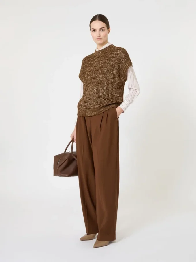 Mit Pailletten verzierter Pullover aus Baumwoll-Mesh-Strick, haselnussbraun Mit Pailletten verzierter Pullover aus Baumwoll-Mesh-Strick, haselnussbraun