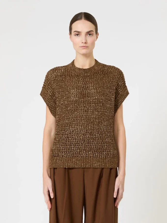 Mit Pailletten verzierter Pullover aus Baumwoll-Mesh-Strick, haselnussbraun Mit Pailletten verzierter Pullover aus Baumwoll-Mesh-Strick, haselnussbraun