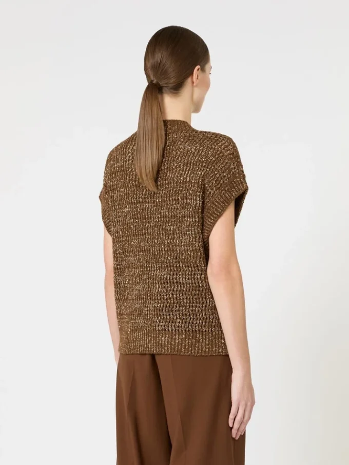 Mit Pailletten verzierter Pullover aus Baumwoll-Mesh-Strick, haselnussbraun Mit Pailletten verzierter Pullover aus Baumwoll-Mesh-Strick, haselnussbraun