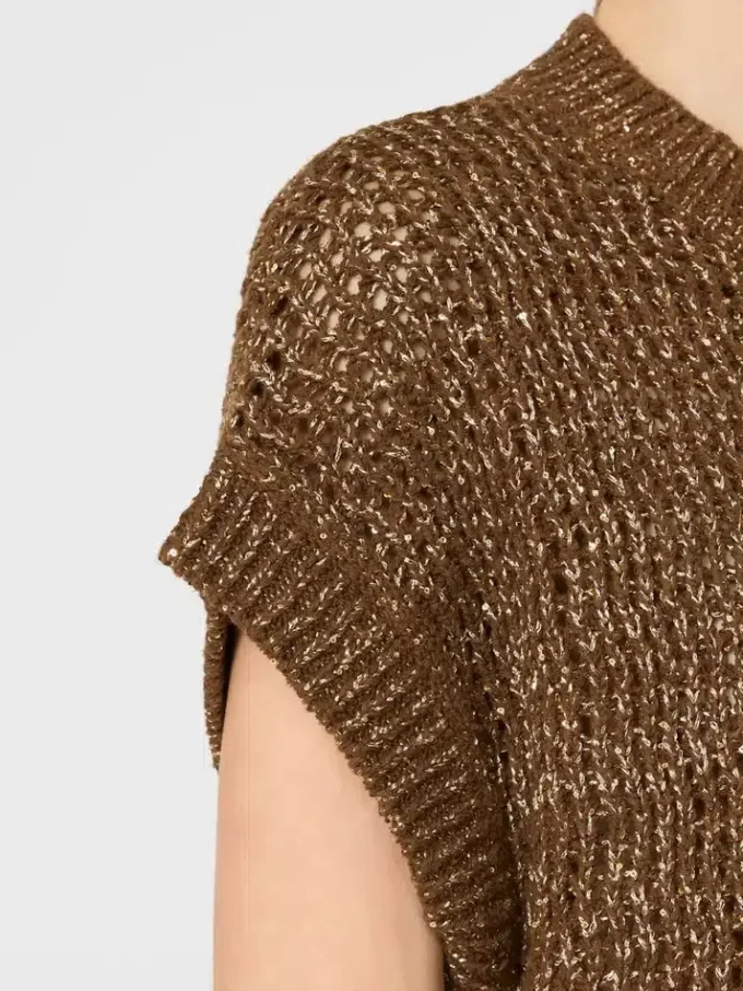 Mit Pailletten verzierter Pullover aus Baumwoll-Mesh-Strick, haselnussbraun Mit Pailletten verzierter Pullover aus Baumwoll-Mesh-Strick, haselnussbraun