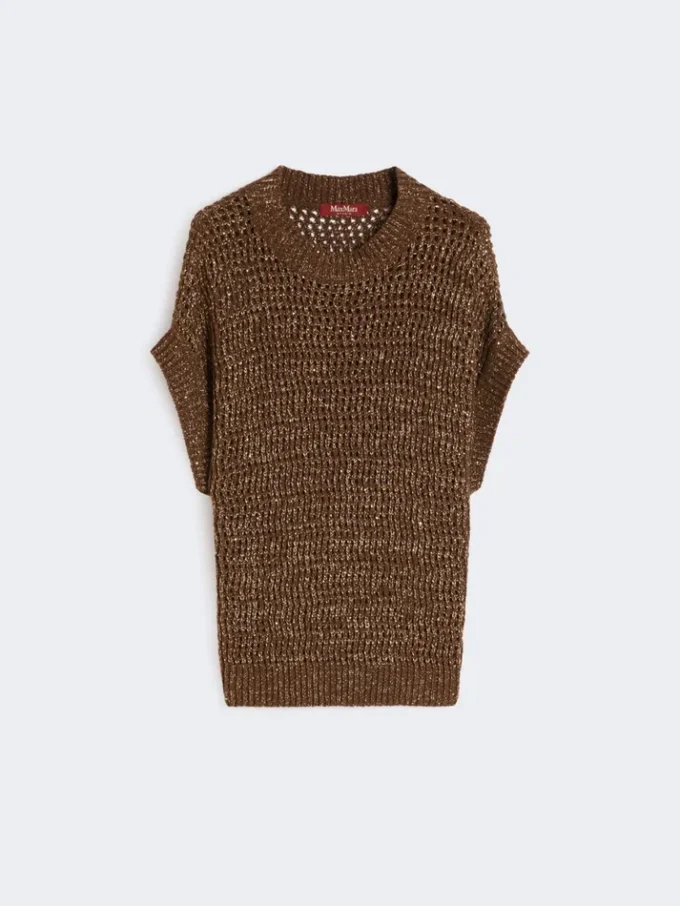 Mit Pailletten verzierter Pullover aus Baumwoll-Mesh-Strick, haselnussbraun Mit Pailletten verzierter Pullover aus Baumwoll-Mesh-Strick, haselnussbraun