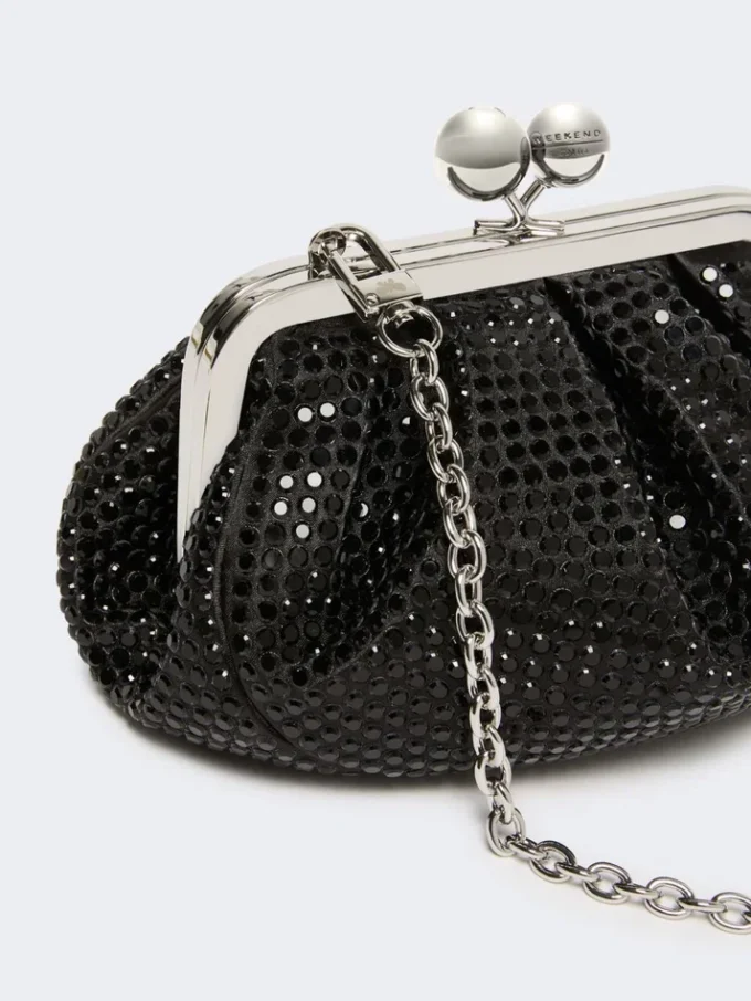 Mit Strasssteinen verzierte kleine Satin-Pasticcino-Tasche, dunkelgrau Mit Strasssteinen verzierte kleine Satin-Pasticcino-Tasche, dunkelgrau