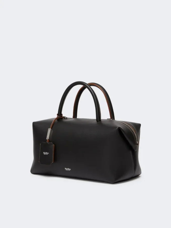 Mittlere Bowler-Tasche aus Naturleder, schwarz Mittlere Bowler-Tasche aus Naturleder, schwarz
