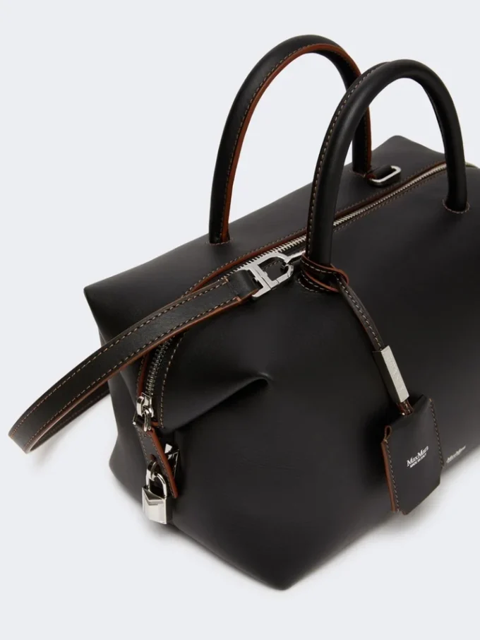 Mittlere Bowler-Tasche aus Naturleder, schwarz Mittlere Bowler-Tasche aus Naturleder, schwarz