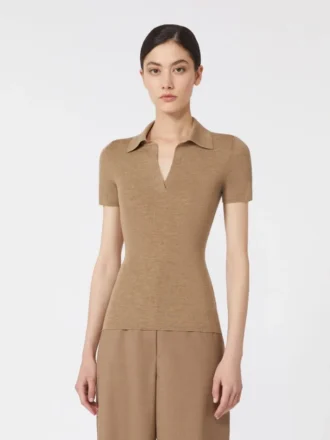 Polohemd aus geripptem Wollstrick, gold-beige-braun