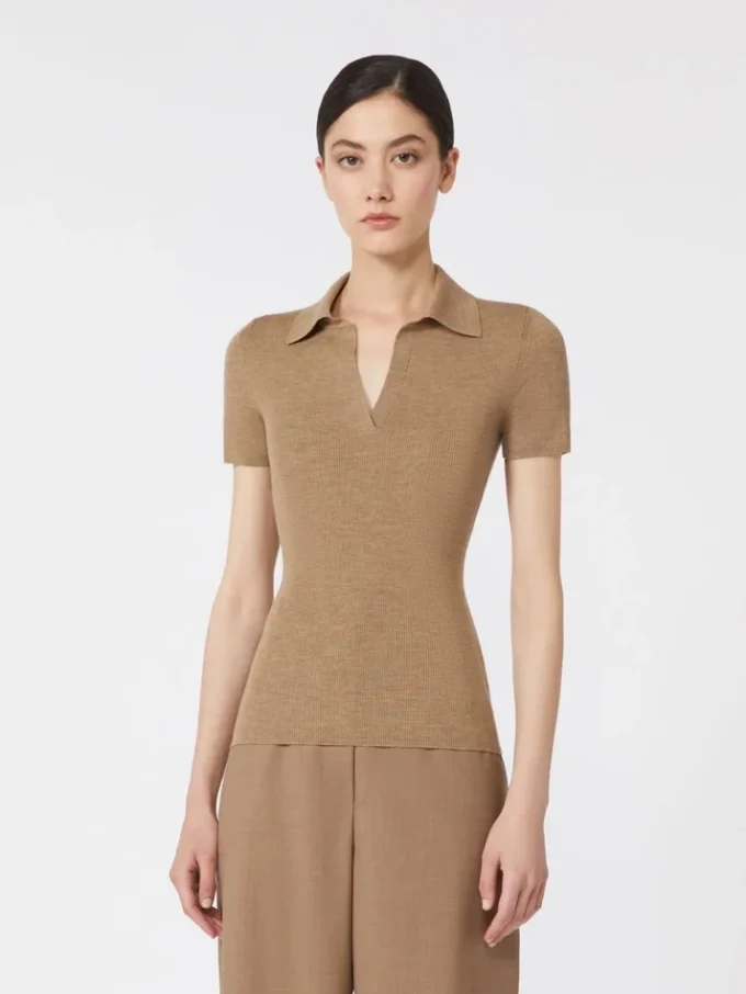 Polohemd aus geripptem Wollstrick, gold-beige-braun
