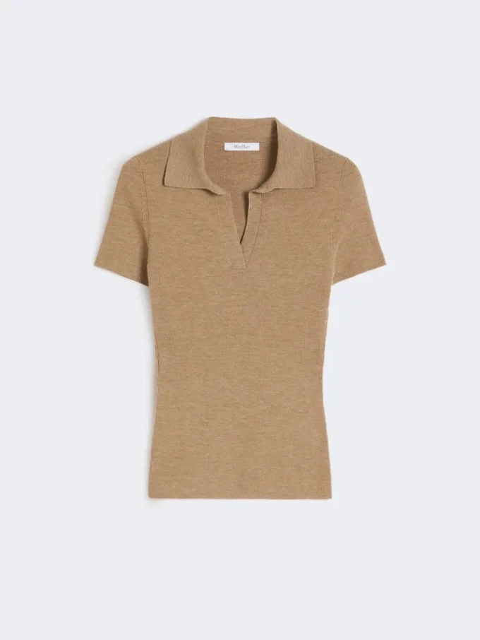 Polohemd aus geripptem Wollstrick, gold-beige-braun