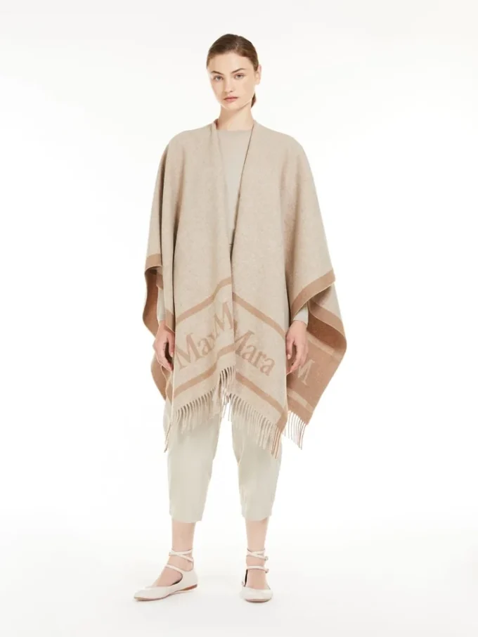 Poncho aus Jacquard-Wolle, beige Poncho aus Jacquard-Wolle, beige