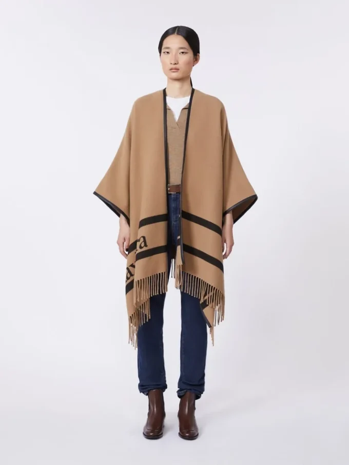 Poncho aus Jacquard-Wolle, kamelfarben Poncho aus Jacquard-Wolle, kamelfarben