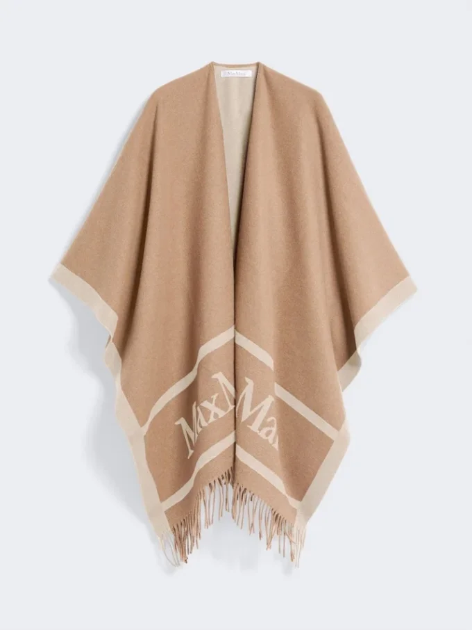 Poncho aus Jacquard-Wolle, kamelfarben Poncho aus Jacquard-Wolle, kamelfarben