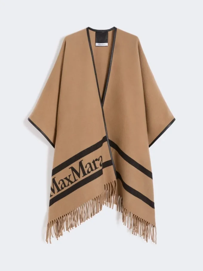 Poncho aus Jacquard-Wolle, kamelfarben Poncho aus Jacquard-Wolle, kamelfarben