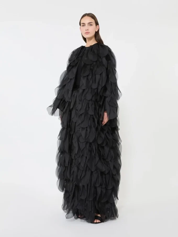 Langer Rock mit Blütenblättern aus Seidenorganza, schwarz
