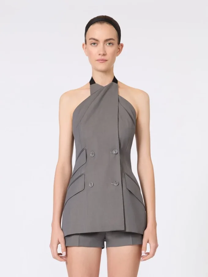 Ärmellose Jacke aus Gabardine-Wolle, mittelgrau