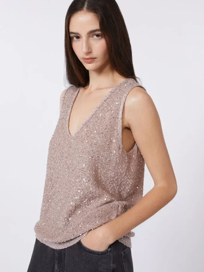 Ärmelloser Pullover mit Pailletten, Altrosa Ärmelloser Pullover mit Pailletten, Altrosa