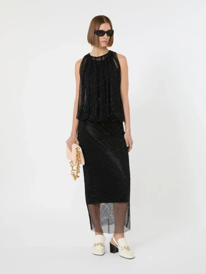 Ärmelloses Jerseykleid mit Kristallen, schwarz